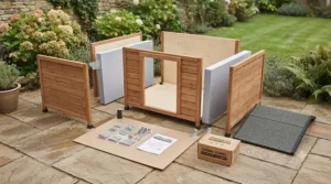 Pre-assembled panels of a flat-pack insulated wooden dog kennel ready for quick setup.