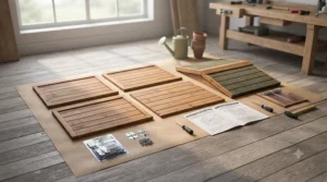 An infographic showing the key structural features of a flat-pack raised floor wooden kennel, including treated timber and weatherproof roofing.