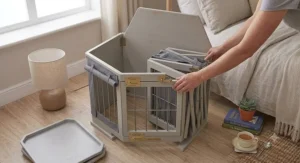 A dog crate being folded down flat to demonstrate how easy it is to store when not in use.