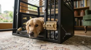 A content dog resting inside a spacious low entry dog crate in a living room setting.
