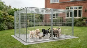 Several happy puppies playing safely inside a completed budget-friendly dog run set up in a lush UK back garden.