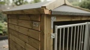 Close-up of pressure-treated shiplap timber on a heavy-duty British-made outdoor dog kennel.