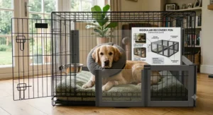 A photorealistic 4K detailed photograph of a Golden Retriever wearing a soft recovery collar, resting inside a metal post-surgery dog crate with an integrated, clear infographic guide for a 'Modular Recovery Pen Expansion Guide' propped inside.