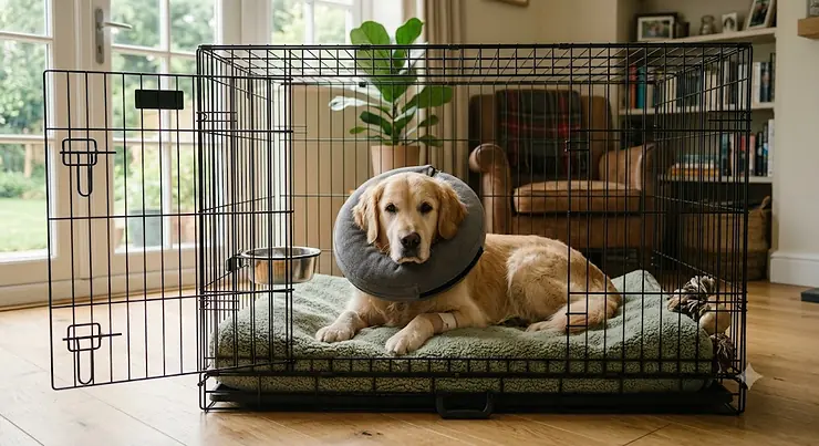 A 4K photorealistic image of a golden retriever in a recovery collar lying inside a highly detailed metal dog crate with a plush bed in a sunlit living room. post surgery dog crate