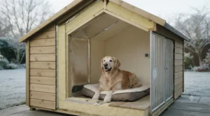 Cutaway view of an insulated apex roof dog kennel keeping working dogs warm through cold British weather.
