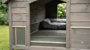 Inside view of a thermally insulated dog kennel featuring draught-proof seals to keep pets warm during cold UK winters.