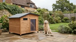 Insulated wooden dog kennel positioned on a patio in a British back garden.