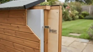Close-up of insulated wooden dog kennel wall showing thermal panels for weatherproofing.