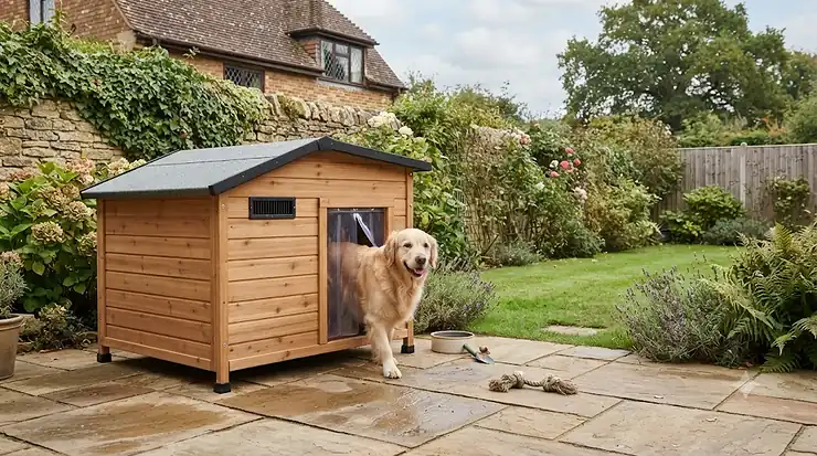 Insulated wooden dog kennel for outdoor use, built to keep pets warm during British winters. insulated wooden dog kennel