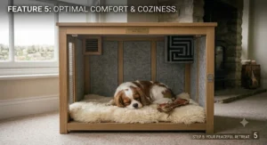 The spacious, comfortable interior of a quiet dog crate, featuring a soft, removable bed.