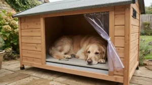 Large breed dog next to a spacious insulated wooden dog kennel for size comparison.