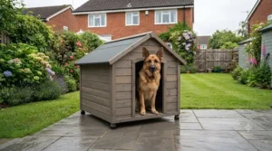 A spacious, robust outdoor dog kennel sized for large breeds set up on a secure lawn area in a British back garden.