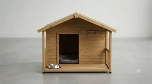 Front view of a large wooden dog house featuring a spacious sheltered porch for outdoor relaxation.