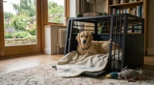 A comfortable low entry dog crate setup with plush bedding for a relaxed pet.