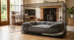 An elderly dog comfortably stepping into a dog crate with a low-threshold entrance for easy access.