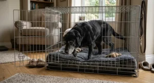 A senior dog walking into a dog crate with a low-threshold door for easy access.