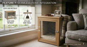 A quiet dog crate styled as an end table to seamlessly fit into a contemporary British home.