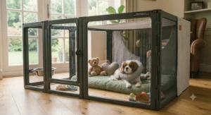 A 4K photorealistic photograph of a cavalier king charles spaniel resting in a modular recovery pen with a soft recovery collar and comfort items.