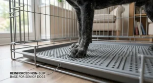 Detail view of a secure, non-slip base for a senior dog crate.