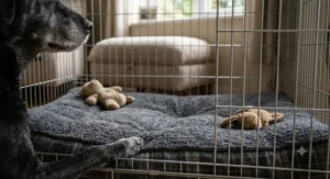 Close-up of a supportive orthopaedic mattress inside a dog crate for elderly pets.