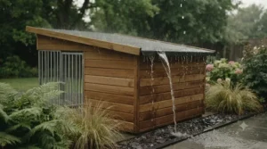 Close-up of a pent roof dog kennel showing the backward slope designed for efficient rainwater run-off during British winter weather.