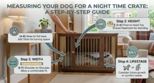 A cozy dog crate for night time positioned in the corner of a bedroom to help a new puppy feel secure and close to their owners.