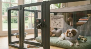 A 4K photorealistic close-up of the door mechanism and 'Post-Operative Pen Security Protocol' on a modular recovery pen enclosure.
