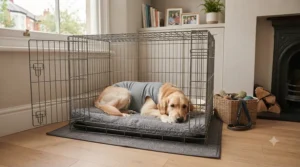 A dog recovery crate positioned in a quiet area of the home to reduce post-surgery stress.