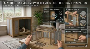 Close-up of the simple, tool-free assembly process for a modern quiet dog crate.
