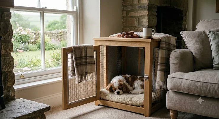 A stylish, quiet dog crate placed in a cosy UK living room, designed to provide a secure and peaceful retreat for a relaxed pet. quiet dog crate