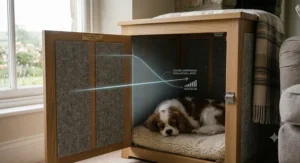 Side view showing sound-dampening panels on a quiet dog crate to minimise household noise.