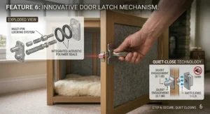 A secure, rattle-free latch mechanism on a quiet dog crate designed for safety and silence.