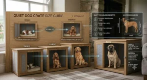 A size guide illustration helping UK dog owners choose the right quiet dog crate for their breed.