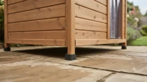 Raised floor feet on an insulated wooden dog kennel preventing dampness on wet grass.
