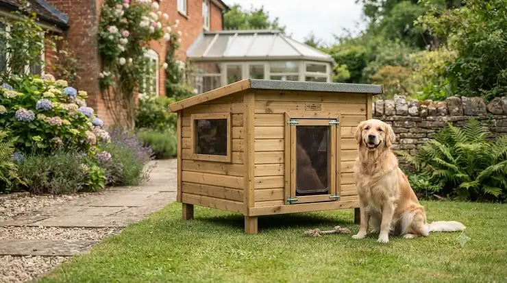 A large wooden dog kennel with a raised floor, sitting on a well-kept British garden lawn, offering weather-resistant shelter for a big dog. raised floor wooden kennel for large dogs