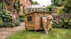 A raised wooden kennel with an accessible layout, demonstrating features for easy maintenance, cleaning, and hygiene.