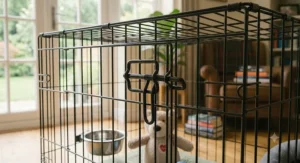 A 4K photorealistic close-up of a robust black wire post-surgery dog crate, detailing the secure two-point corner junction and heavy-duty sliding door latch for maximum containment.