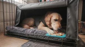A puzzle toy providing gentle mental stimulation for a dog on crate rest.
