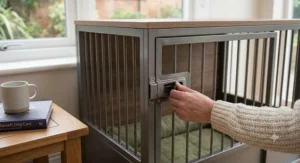 Detailed view of a hand operating the secure locking mechanism on an easy access dog crate to ensure pet safety.