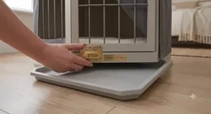 Close-up of the secure, pet-safe locking mechanism on a bedroom dog crate designed for total peace of mind.