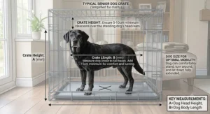Diagram showing correct sizing of a dog crate to allow an older dog to stand and turn.