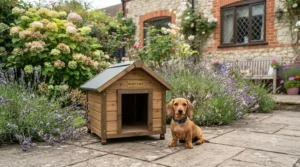 A compact, weather-resistant wooden dog kennel for small breeds, available for under £150.