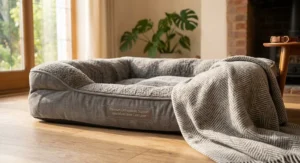 A large, spacious dog crate providing enough room for an arthritic dog to stretch out comfortably and change positions.