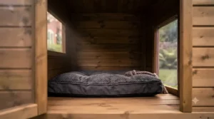 Spacious interior view of a wooden dog shelter with a raised floor, providing ample room for a large dog to lie down comfortably.