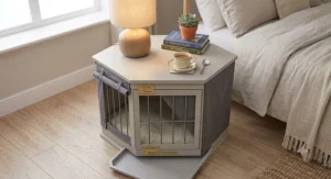 A wooden-topped dog crate for the bedroom, styled with a lamp and book to function as a convenient bedside table.