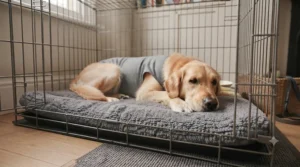 Close-up of comfortable, absorbent vet bedding inside a crate for post-operative recovery.
