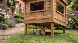 Side profile view of an elevated wooden dog house highlighting the ventilation gaps and raised legs that keep the floor dry and ventilated.