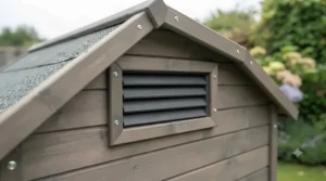 A rear view of a weather-resistant dog kennel featuring a discreet upper ventilation grille to maintain fresh airflow in summer.
