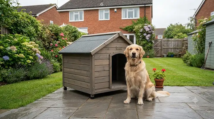 A premium wooden weatherproof dog kennel with an apex felt roof and raised floor, positioned on a patio for year-round garden use in the UK. weatherproof dog kennel