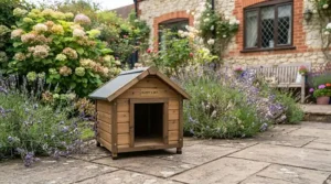 A durable wooden dog kennel with a slanted felt roof to keep your pet dry during British winters, priced under £150.